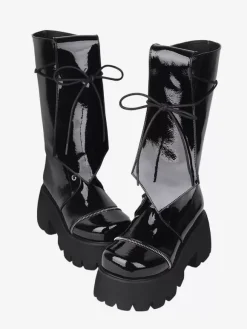 Bottes gothiques Lolita en cuir PU à lacets et bout rond chaussures noires Lolita