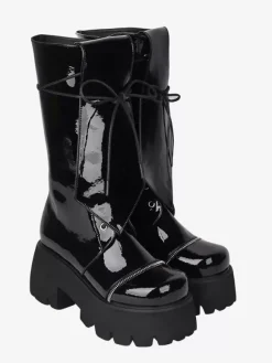 Bottes gothiques Lolita en cuir PU à lacets et bout rond chaussures noires Lolita