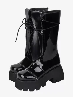 Bottes gothiques Lolita en cuir PU à lacets et bout rond chaussures noires Lolita
