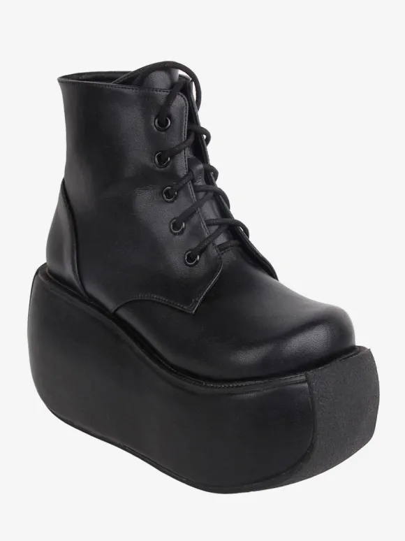 Bottes gothiques Lolita noires à bout rond en cuir PU chaussures à plateforme Lolita bottines
