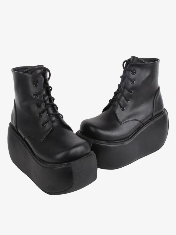 Bottes gothiques Lolita noires à bout rond en cuir PU chaussures à plateforme Lolita bottines