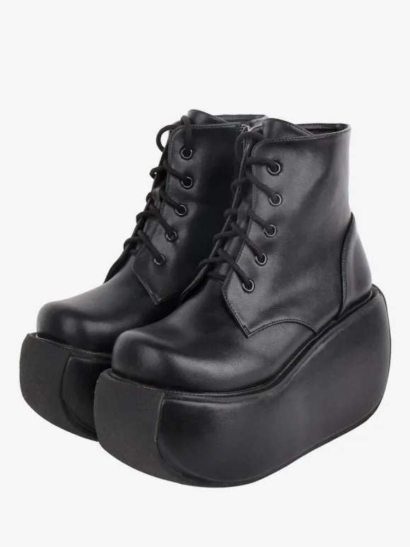 Bottes gothiques Lolita noires à bout rond en cuir PU chaussures à plateforme Lolita bottines