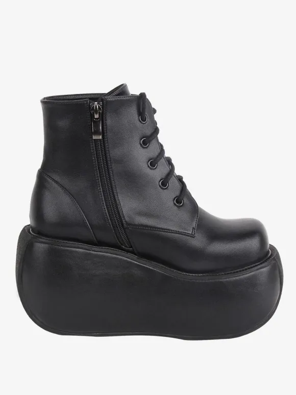 Bottes gothiques Lolita noires à bout rond en cuir PU chaussures à plateforme Lolita bottines