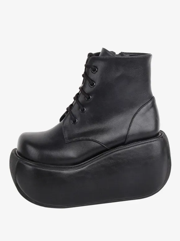 Bottes gothiques Lolita noires à bout rond en cuir PU chaussures à plateforme Lolita bottines