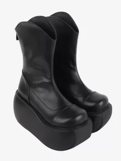 Bottes gothiques Lolita noires en cuir PU à bout rond chaussures Lolita