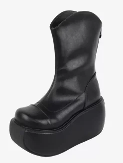 Bottes gothiques Lolita noires en cuir PU à bout rond chaussures Lolita