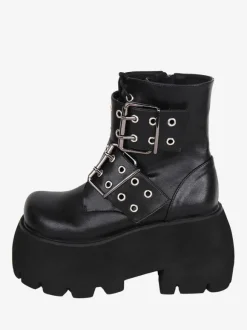 Bottes gothiques Lolita noires en cuir PU à bout rond chaussures Lolita