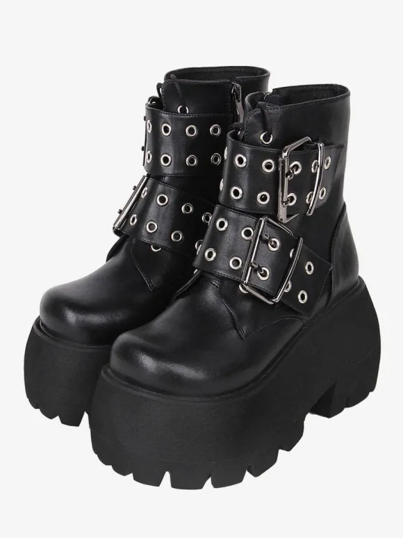 Bottes gothiques Lolita noires en cuir PU à bout rond chaussures Lolita