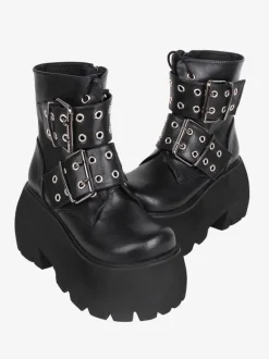 Bottes gothiques Lolita noires en cuir PU à bout rond chaussures Lolita