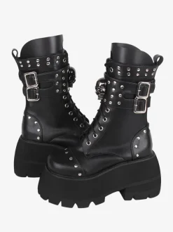 Bottes gothiques épaisses Lolita en cuir PU à bout rond chaussures Lolita noires