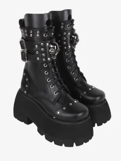Bottes gothiques épaisses Lolita en cuir PU à bout rond chaussures Lolita noires