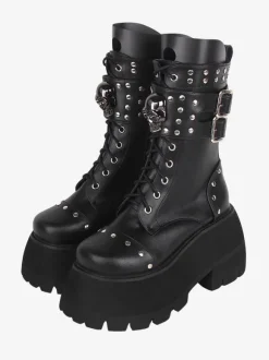 Bottes gothiques épaisses Lolita en cuir PU à bout rond chaussures Lolita noires