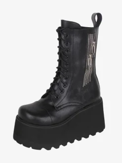 Bottes gothiques épaisses Lolita noires en cuir PU à bout rond chaussures Lolita