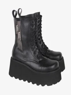 Bottes gothiques épaisses Lolita noires en cuir PU à bout rond chaussures Lolita