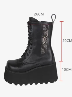 Bottes gothiques épaisses Lolita noires en cuir PU à bout rond chaussures Lolita