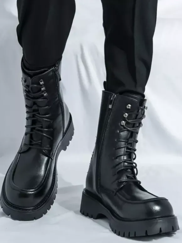 Bottes habillées pour hommes bout arrondi semelle épaisse lacets bottes courtes formelles