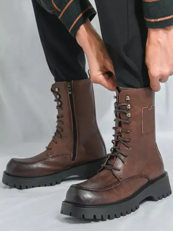 Bottes habillées pour hommes bout arrondi semelle épaisse lacets bottes courtes formelles
