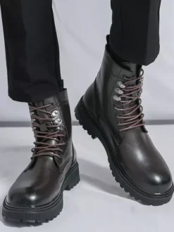 Bottes habillées pour hommes bout rond semelle épaisse lacets chaussures habillées