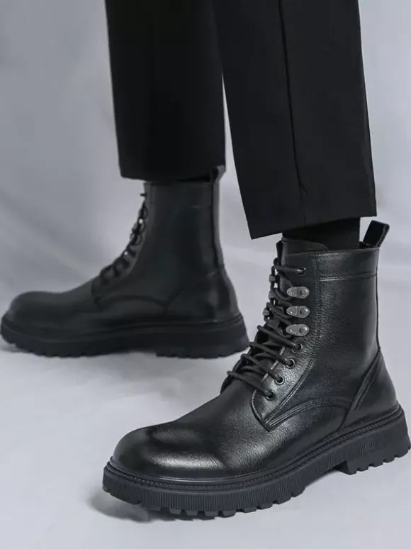 Bottes habillées pour hommes bout rond semelle épaisse lacets chaussures habillées