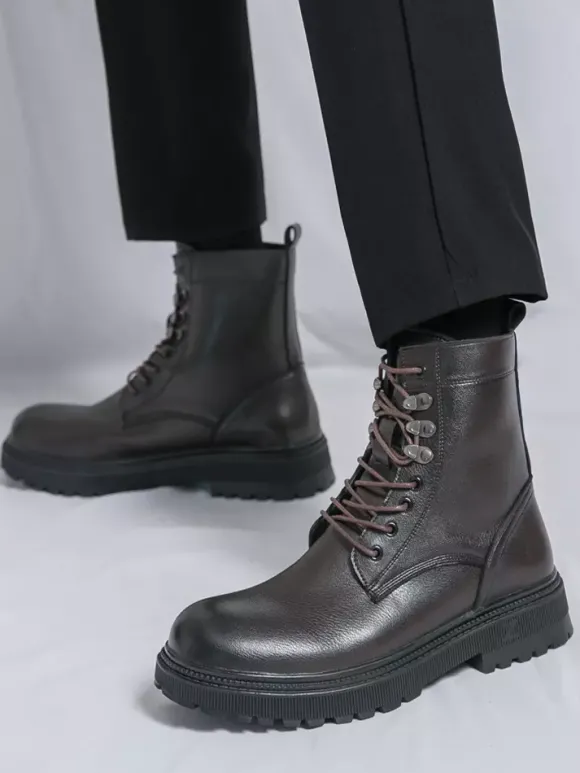 Bottes habillées pour hommes bout rond semelle épaisse lacets chaussures habillées
