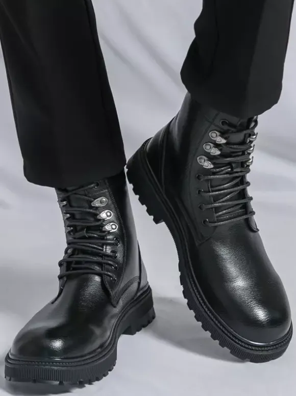 Bottes habillées pour hommes bout rond semelle épaisse lacets chaussures habillées