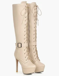 Bottes hautes à plateforme pour femme à lacets à bout rond et talon aiguille Bottes d'hiver