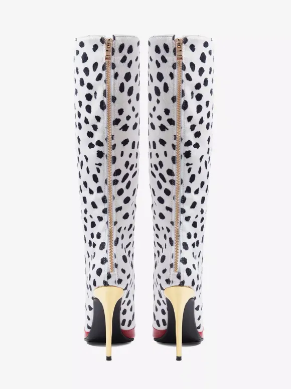 Bottes hautes à talons hauts rouges à pois patchwork pour femmes