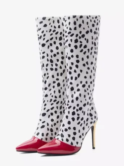 Bottes hautes à talons hauts rouges à pois patchwork pour femmes