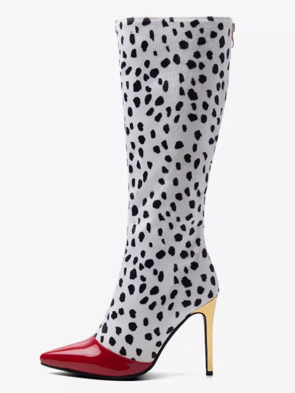 Bottes hautes à talons hauts rouges à pois patchwork pour femmes