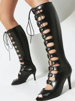 Bottes hautes au genou pour femmes sandales à talons hauts découpées et à bout rond