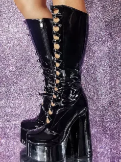 Bottes hautes au genou roses Plateforme supérieure en PU verni Talon épais Boucle Détail Bottes sexy