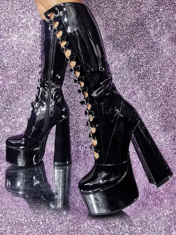 Bottes hautes au genou roses Plateforme supérieure en PU verni Talon épais Boucle Détail Bottes sexy