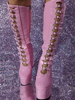 Bottes hautes au genou roses Plateforme supérieure en PU verni Talon épais Boucle Détail Bottes sexy