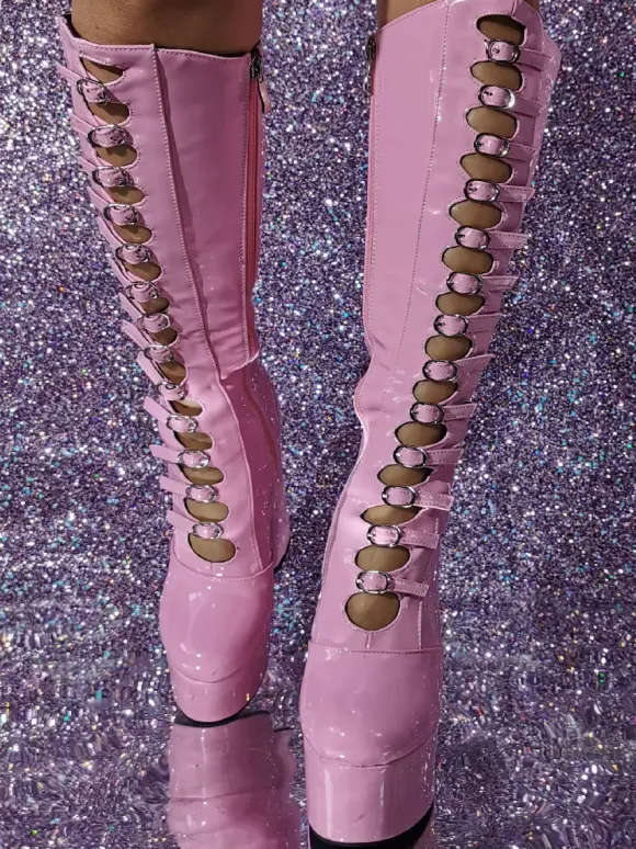 Bottes hautes au genou roses Plateforme supérieure en PU verni Talon épais Boucle Détail Bottes sexy