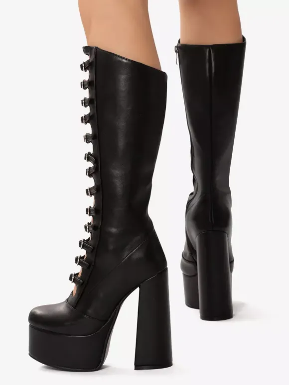 Bottes hautes au genou roses Plateforme supérieure en PU verni Talon épais Boucle Détail Bottes sexy