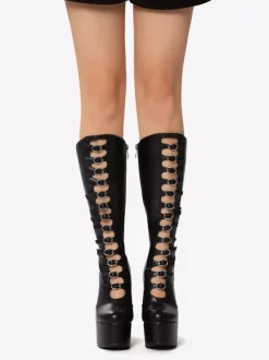 Bottes hautes au genou roses Plateforme supérieure en PU verni Talon épais Boucle Détail Bottes sexy