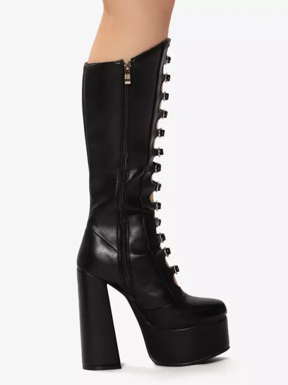 Bottes hautes au genou roses Plateforme supérieure en PU verni Talon épais Boucle Détail Bottes sexy