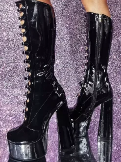 Bottes hautes au genou roses Plateforme supérieure en PU verni Talon épais Boucle Détail Bottes sexy