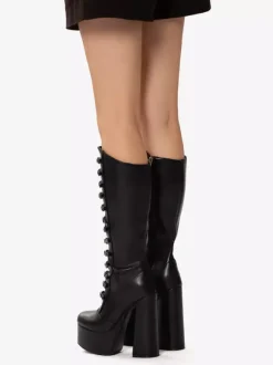 Bottes hautes au genou roses Plateforme supérieure en PU verni Talon épais Boucle Détail Bottes sexy