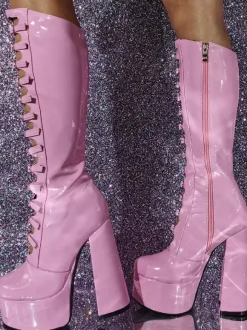 Bottes hautes au genou roses Plateforme supérieure en PU verni Talon épais Boucle Détail Bottes sexy