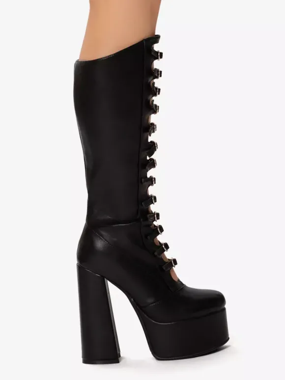 Bottes hautes au genou roses Plateforme supérieure en PU verni Talon épais Boucle Détail Bottes sexy