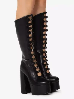 Bottes hautes au genou roses Plateforme supérieure en PU verni Talon épais Boucle Détail Bottes sexy