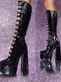 Bottes hautes au genou roses Plateforme supérieure en PU verni Talon épais Boucle Détail Bottes sexy