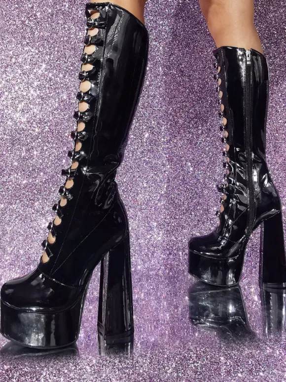 Bottes hautes au genou roses Plateforme supérieure en PU verni Talon épais Boucle Détail Bottes sexy