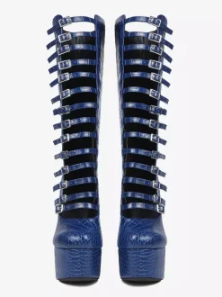 Bottes hautes bleues à plateforme et talons épais grande taille avec boucle