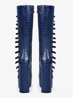 Bottes hautes bleues à plateforme et talons épais grande taille avec boucle