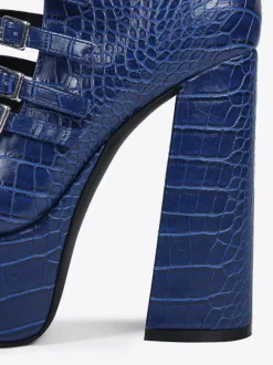 Bottes hautes bleues à plateforme et talons épais grande taille avec boucle