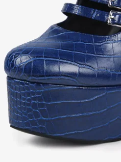 Bottes hautes bleues à plateforme et talons épais grande taille avec boucle