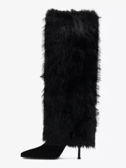 Bottes hautes bordeaux pour femmes bout pointu talons hauts en fausse fourrure.