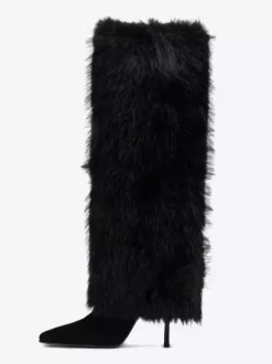 Bottes hautes bordeaux pour femmes bout pointu talons hauts en fausse fourrure.